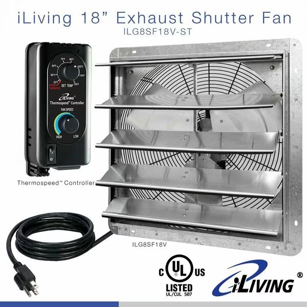 18 in. Wall Mounted Shutter Exhaust Fan with Thermostat and Variable Speed controller, 1736 CFM, Iliving, Mfr#: ILG8SF18V-ST